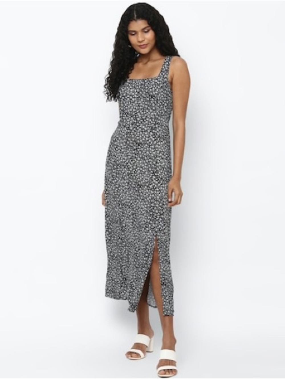 American Eagle Outfitters Black Floral Midi Dress with Square Neck and Side Slit